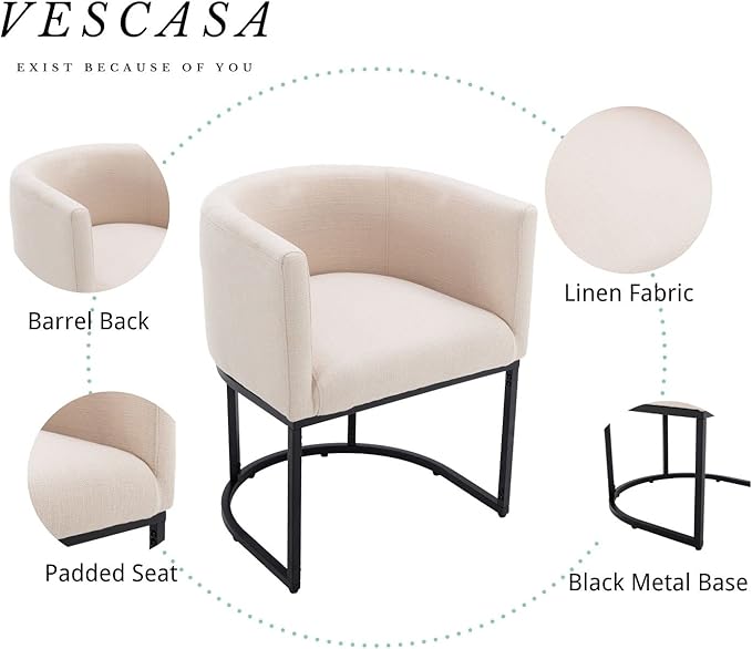 VESCASA Upholstered Dining Chairs with Barrel Back, Modern Padded Restaurant Chairs with Black Metal Frame for Dining Room, Kitchen, Set of 4, Linen Cream