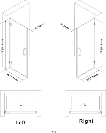 Bathroom Frameless Shower Door 28" W*72" H, 5/16" Clear Tempered Glass Hinged