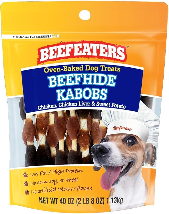 Beefeaters Beefhide Kabobs – Dog Treat. Triple Flavor with Real Chicken, Liver & Sweet Potato, Long-Lasting Chew, Supports Dental Health, Ideal for Training