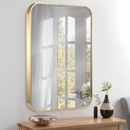 16x24 Inch Gold Bathroom Mirror, Brushed Brass Gold Metal Framed Rectangular