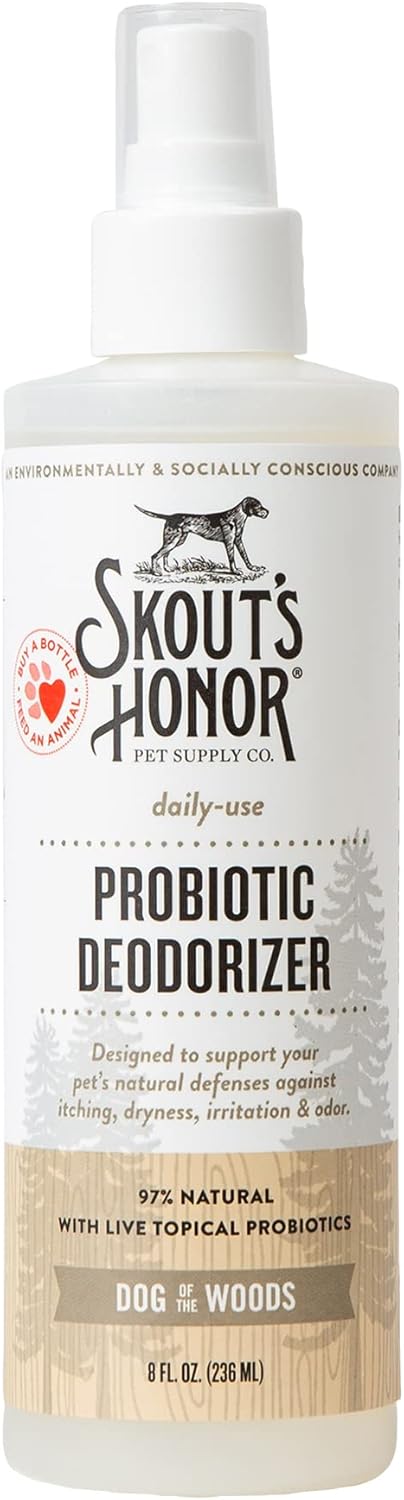 SKOUT'S HONOR Probiotic Pet Deodorizer Spray- Hydrating Daily-Use with Avocado Oil & Omega-3s, Microbiome Friendly Certiified, Paraben & Sulfate-Free, 97% Natural, 8oz, Dog of The Woods