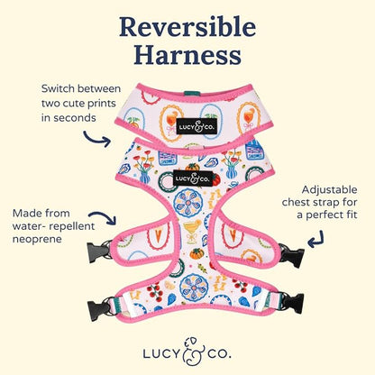 Lucy & Co. Dolce Vita Reversible Dog Harness, Adjustable Comfort Fit with Dual Leash Attachments, Small