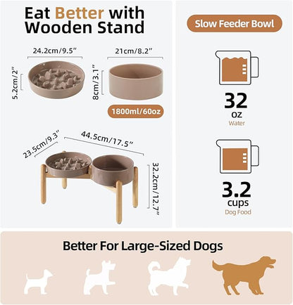 Ceramic 3.2 Cup Raised Slow Feeder Dog Bowl Set, Elevated 8.2inch Bowl and
