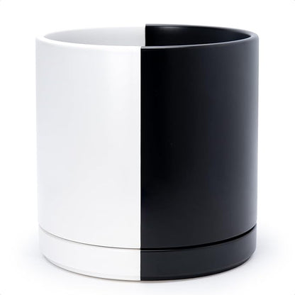 D'vine Dev 12 Inch Ceramic Planter Pot, Black White Split, 94-O-F-0 | Modern Cylinder Design, Drainage Hole & Saucer Included, Stable Structure, Elegant Home Accent