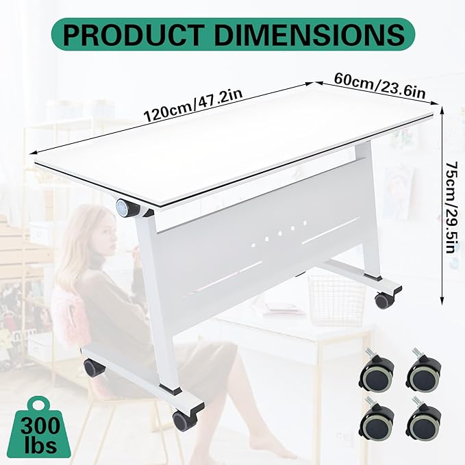 Folding Conference Room Tables, Flip Top Mobile Training Table with Wheels, Mobile Dynamic Meetings Training Tables, Portable Office Executive Desk, Rolling Seminar Meeting Table (3, White, 47.2in)