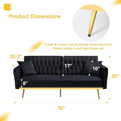 70” Velvet Futon Sofa Bed with 2 Pillows and Adjustable Armrests, Convertible Sleeper Bed W/Adjustable Backrests, Modern Loveseat for Living Room, Bedroom, Black