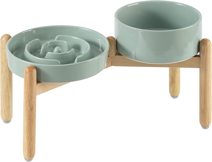 Ceramic Raised Slow Feeder Dog Bowl Set, Elevated 7.3inch Bowl and 8.2inch