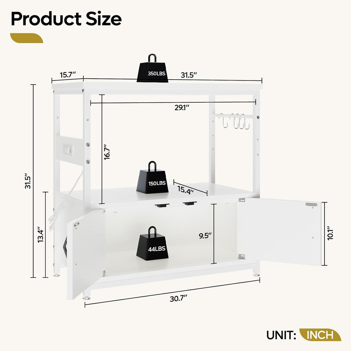 Bestier 20-29 Gallon Fish Tank Stand with Power Outlets, Metal Long Aquarium Stand with Storage Cabinet, 31x15 Reptile Terrarium Stand with Horizontal Gold Line, Stainless Hooks, 350 Lbs(White)
