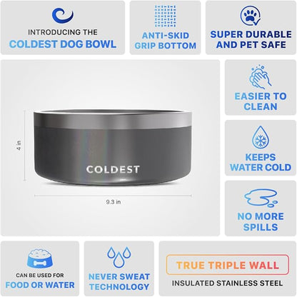 Coldest Dog Bowl - Anti Rust Metal, Non Slip, 3 Layers Insulated Stainless Steel Dog Bowls - Spill Proof & Heavy Duty - Water Bowl for Dogs, Cats & Pets, Dish Washer Safe (100 oz,Stardust Glitter)