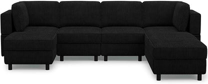 114.2" Modular Sectional Sofa with Deep Storage Seat,Corduroy 7 Seat U Shaped Sofa Couch,Modular Sofa Couch with Movable Ottoman Chaise,Upholstered Sectional Couches for Living Room,Black