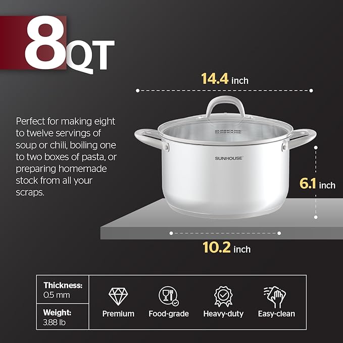 SUNHOUSE 8 Quart Stock Pot