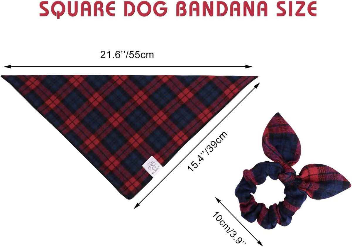 E-Clover Dog Bandanas & Matching Scrunchie Set Plaid Dog Scarf Bibs Pet Handkerchief for Small Dogs Puppy Owner Gifts Red Blue