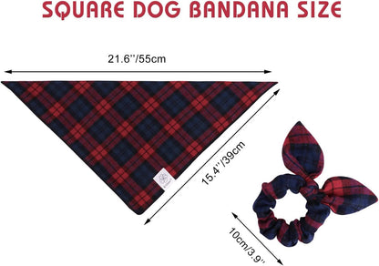 E-Clover Dog Bandanas & Matching Scrunchie Set Plaid Dog Scarf Bibs Pet Handkerchief for Small Dogs Puppy Owner Gifts Red Blue
