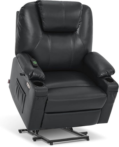 MCombo Oversized Power Lift Recliner Chair for Elderly, Lift Chair with Heat and Massage for Big and Tall, USB&Type C Ports, Cup Holders, Faux Leather R7510 (Black, Large-Wide)