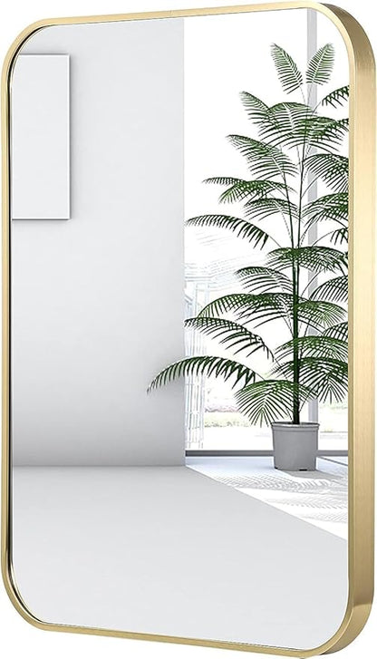 16x24 Inch Gold Bathroom Mirror, Brushed Brass Gold Metal Framed Rectangular