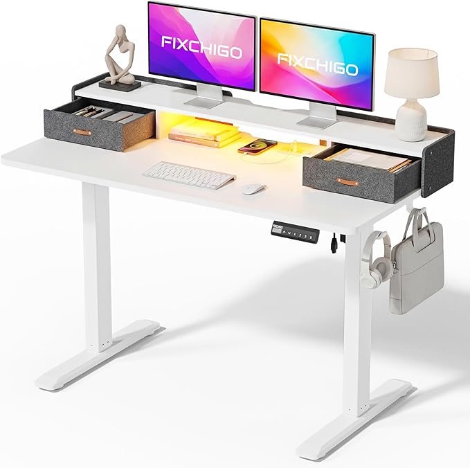 Electric Standing Desk with Drawers, 48 Inch Height Adjustable Desk with Power