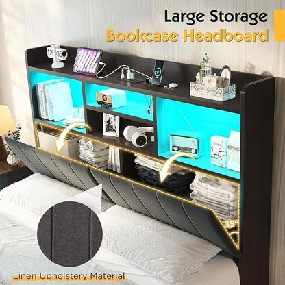 Queen Farmhouse Bed Frame with Bookcase Headboard and 4 Drawers, LED Storage Bed with Charging Station & Linen Upholstered, No Box Spring Needed,Black