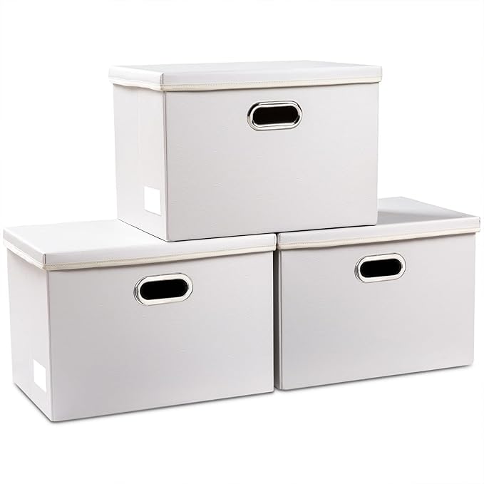 PRANDOM Large Stackable Storage Bins with Lids [3-Pack] Leather Fabric Foldable Storage Boxes Organizer Containers Baskets Cube with Cover for Bedroom Closet Office Nursery White (17.7x11.8x11.8)