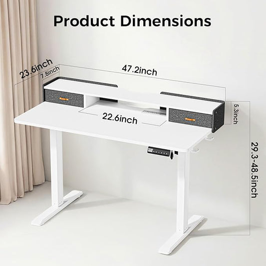 Electric Standing Desk with Drawers, 48 Inch Height Adjustable Desk with Power
