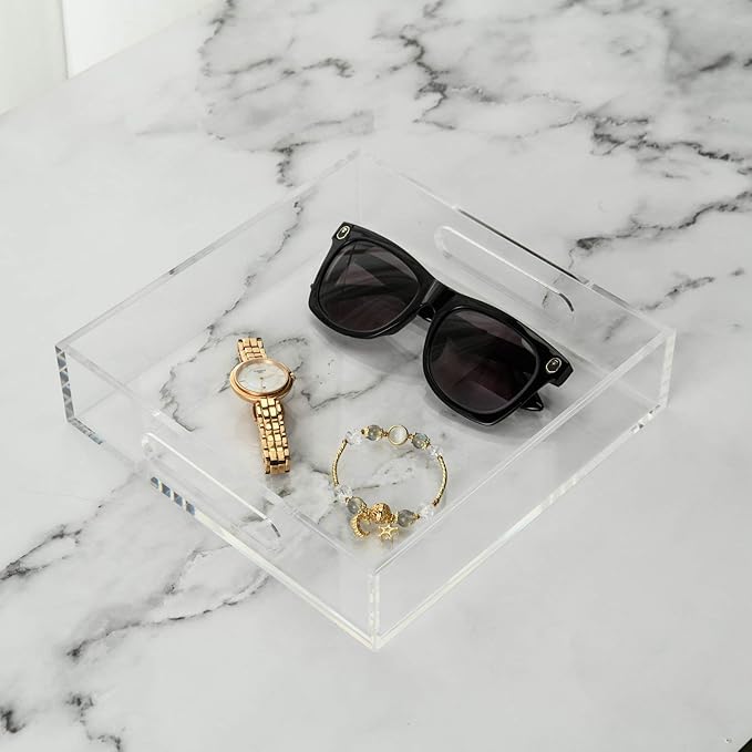 Clear Sturdy Acrylic Tray with Handles-8"x8"x2"H-Countertop Organizer Tray for Kitchen,Bathroom,Office- Storage Box for Cosmetics, Jewelry,Toiletries,Toy,Gadgets