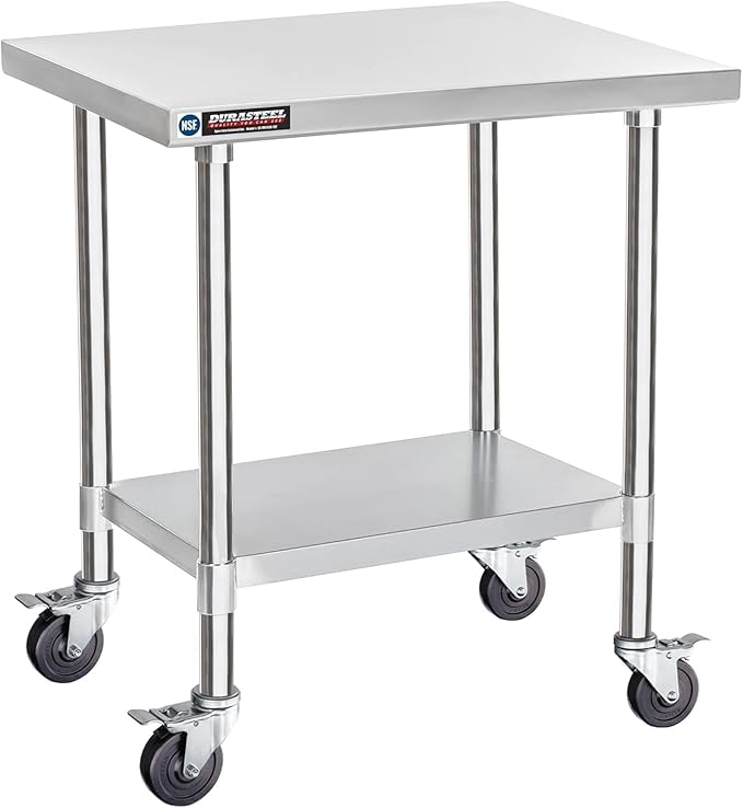 DuraSteel 24x30 NSF Stainless Steel Cart Work Table - Heavy Duty Rolling Food Prep Table Countertop Island - Metal Utility Cart on Wheels Caster, Grill Stand Storage Outdoor Kitchen Tables Bar Top