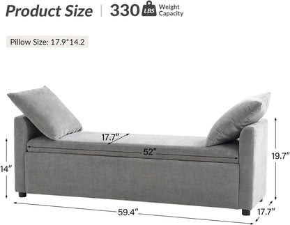 HULALA HOME Modern Storage Bench with Throw Pillows, 59.4" Extra Long Bedroom Ottoman Bench for End of Bed, Comfy Upholstered Footstool for Living Room Dining Room Entryway, Grey