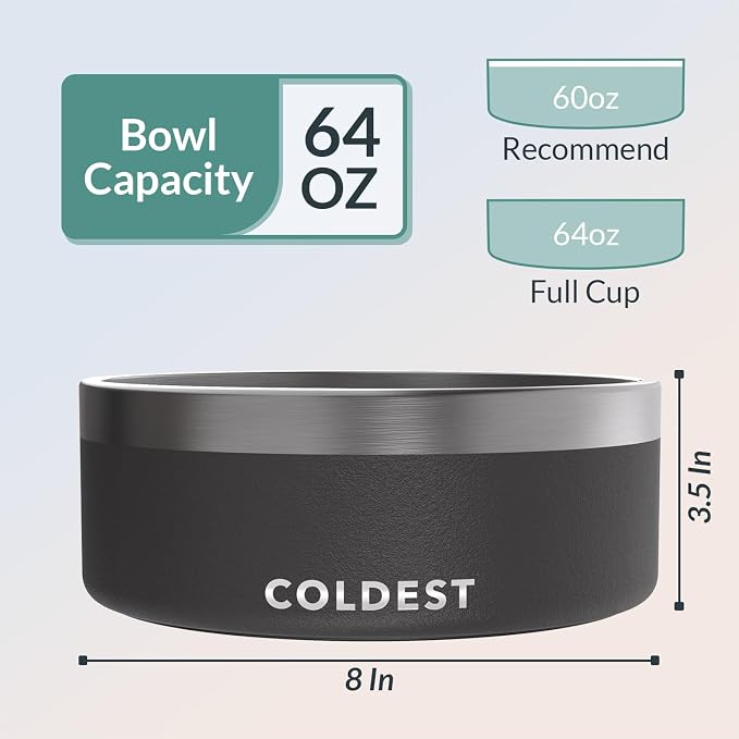 Coldest Dog Bowl - Anti Rust Metal, Non Slip, 3 Layers Insulated Stainless Steel Dog Bowls - Spill Proof & Heavy Duty - Water Bowl for Dogs, Cats & Pets, Dish Washer Safe (64 oz, Stealth Black)