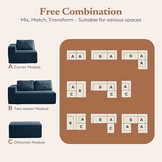 Furnify 40" Memory Foam Couch Footrest, Cloud Modular Sofa with Removable Cover, Upholstered Floor Sofa Ottoman, Upholstered Sofa for Bedroom Living Room, No Assembly Required (Teddy Boucle, Blue)