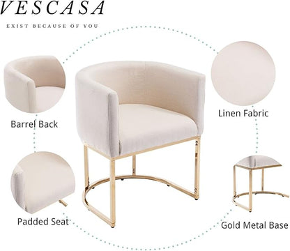 VESCASA Linen Upholstered Dining Chair with Barrel Back, Mid Century Modern Padded Restaurant Chair with Gold Metal Frame for Kitchen, Dining Room, 1 Piece, Cream
