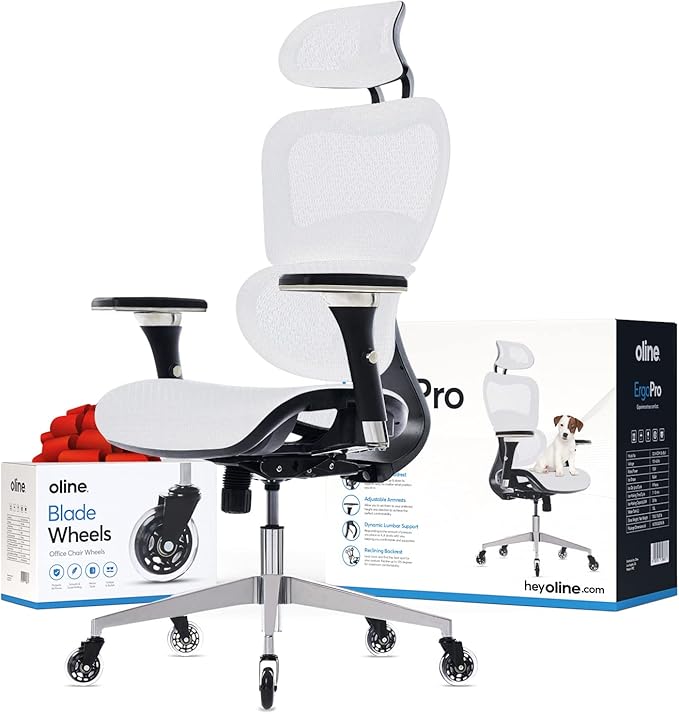 Oline ErgoPro Ergonomic Office Chair with 4D Adjustable Armrest, 3D Lumbar Support and Blade Wheels - Mesh Computer Gaming Rolling Desk Executive Swivel Home Chair (White)