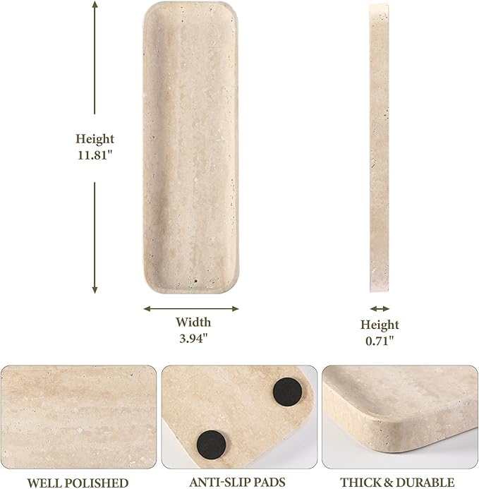 Koville Travertine Tray for Bathroom Sink, 12"x4" Natural Stone Vanity Tray for Kitchen Dresser Countertop, Rectangular Decorative Marble Tray for Jewelry Perfume Trinket(Beige)