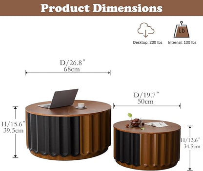 Nesting Coffee Table Set of 2 Modern Round Coffee Table with Non-Slip Feet, Wooden Circle Accent Tables Contemporary Drum Side Table End Table for Living Room Bedroom (Brown 26.8"+19.7")