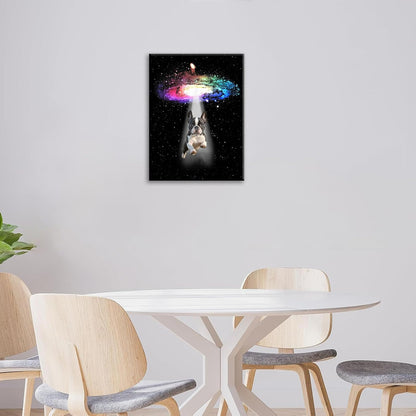 Funny Dog Wall Art Canvas Boston Terrier Wall Decor Prints Framed Painting Bulldog Galaxy Pictures Gifts Artwork for Bathroom 12"x16"
