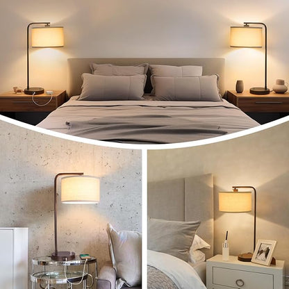 Tall Table Lamp with USB C+A Ports, Fully Stepless Dimmable Modern Minimalist Bedside Nightstand Lamp, Reading Desk Lamp for Bedroom, Living Room, Study Room, Office, 9W 3000K LED Bulb Included