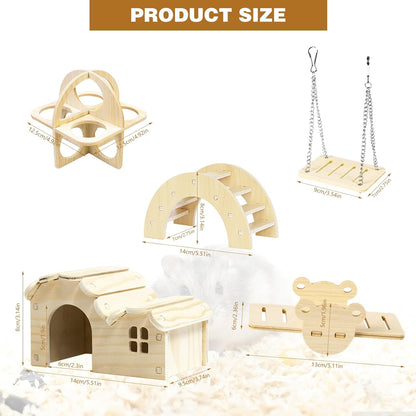 Hamster Toys 5-Piece Set,Hamster House, Swing, Climbing Ladder, Seesaw & Exercise Wheel,Pet DIY Sport Exercise Toys Set, Small Animal Habitat Accessories,Gerbils, Mice(Natural Wood A)