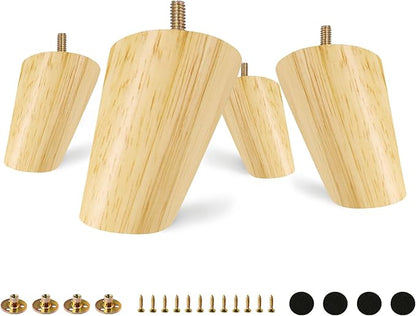 FoDau770 Rubber Wood Furniture Legs 3 Inches, Slant Tapered Wood Feet Mid Century Sofa Legs Set of 4, 5/16" UNC Furniture Feet Replacement Parts for Cabinet Couch Dresser Chair Ottoman Table