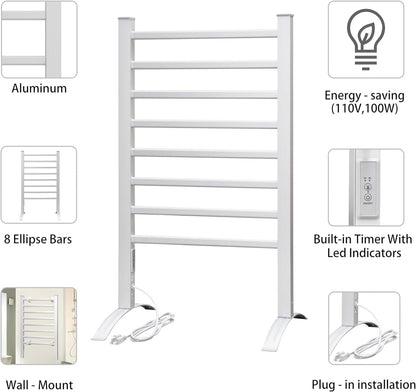 KEG Towel Warmer 8 Bars for Bathroom Freestanding or Wall Mounted Bath Towel Heater Plug-in with Built-in Timer Silver