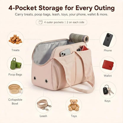 Fashion Dog Purse Carrier for Small Dogs and Cats, Soft-Sided Puppy Tote Bag Under 15 lbs, Lightweight Pet Carrier with 4 Pockets, Smart Zipper Lock, Pet Travel Bag for Travel Outdoor(Pink)