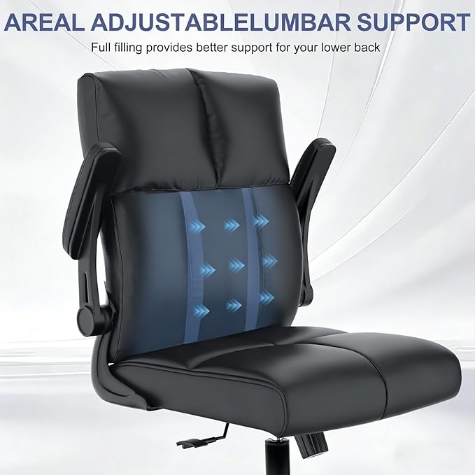 Ergonomic Home Office Chair with Space Saving Flip-Up Arms, 360° Swivel & Reclining Back, High-Back Executive Chair in Soft Faux Leather Chair Multi-Angle from 90° to 135° with 450LBS Capacity（Black）