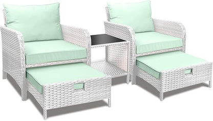 LEVELEVE Balcony Furniture 5 Piece Patio Conversation Set, PE Wicker Rattan Outdoor Lounge Chairs with Soft Cushions 2 Ottoman&Glass Table for Porch, Lawn-Grey Wicker