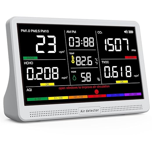 16 in 1 Air Quality Monitor Indoor 7" Display 9 AQI+7 AQI Alerts, CO2 Monitor