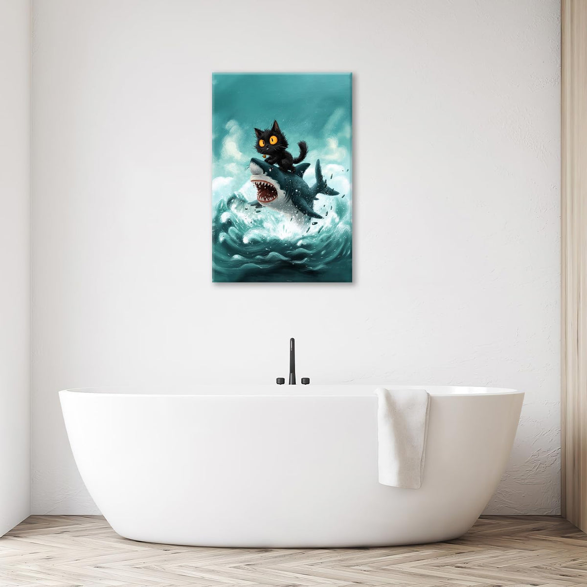 Funny Black Cat Bathroom Wall Art Cute Cat Riding Shark Canvas Wall Decor Animal Kitten Pictures Painting Print Artwork Framed Decorations Gifts for Cat Lover Kids Room Bedroom 16"x24"