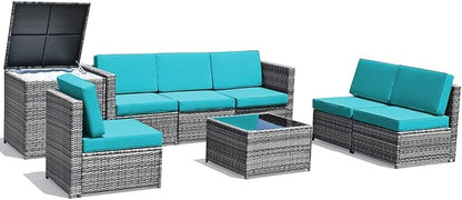 HAPPYGRILL 8-Pieces Patio Furniture Set Outdoor Rattan Conversation Set with Storage Box Sectional Wicker Sofa Set with Coffee Table and Cushions for Garden Backyard