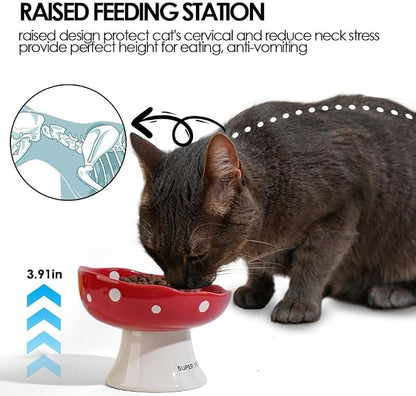 Pink and Blue Mushroom Cat Bowl Set,2PCS Elevated Ceramic Bowls for Cats | Cute Design, Elevated, Ceramic, Whisker Friendly, Dishwasher Safe