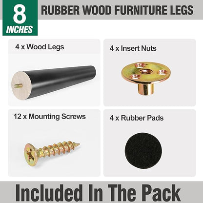 FoDau770 Black Rubber Wood Furniture Legs 8 Inches, Slant Tapered Wood Feet Mid Century Sofa Legs Set of 4, 5/16" UNC Furniture Feet Replacement Parts for Cabinet Couch Dresser Chair Ottoman Table