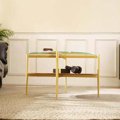 Saint Mossi BLEVIO Glass Round Coffee Table, Middle-Century Modern Style, Perfect for Living Room, Clear Glass Top & Walnut Brown MDF Wood Top, with Gold Finish Legs & Frame
