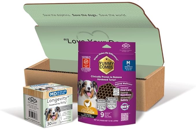 Longevity15 C15:0 Dog Health Supplement (30-Day Supply) & Yummy Combs Dog Dental Treats (8oz Bag) for Medium Dogs – C15:0 Fatty Acid for Daily Wellness, Food Topper – VOHC Approved Oral Care Treat