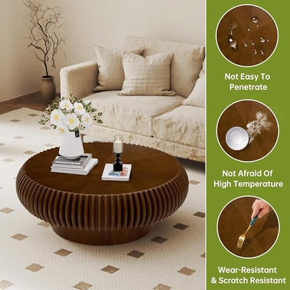 Brown Round Coffee Table for Living Room Round Fluted Drum Coffee Table Modern Walnut Fluted Coffee Tables for Living Room (Walnut, 31.4 inch)