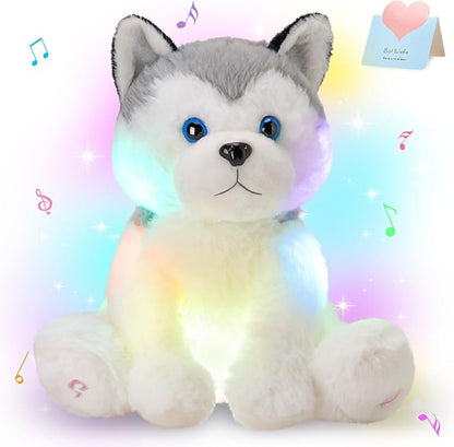 Houwsbaby 12'' Gray Light Up Musical Stuffed Animal Husky Singing LED Dog Glowing Plush Toy Lullaby Animated Soothe Birthday Festival Present for Kids Toddler Girls