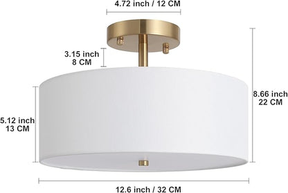 12.6" Semi Flush Mount Ceiling Light Fixture, 3 Light Gold Drum Light Fixtures with White Fabric Shade, Modern Close to Ceiling Lighting for Living Room, Bedroom, Hallway, Entry, Foyer